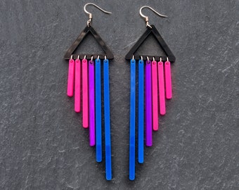 Bisexual Pride Earrings, Bold and Colourful Long Dangles, Hook or Clip-on Earrings Available.