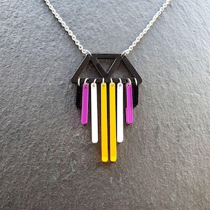 May include: A silver chain necklace with a black geometric pendant. The pendant features a black triangle shape at the top, with vertical bars in purple, white, and yellow hanging below. The necklace is displayed against a dark gray background.