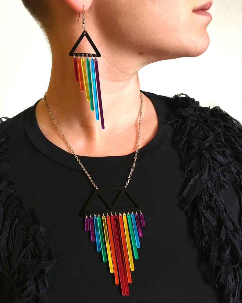Pride Necklace Statement Rainbow Necklace Colourful Dangle Necklace Mardi Gras Necklace Laser Cut Acrylic and Stainless Steel