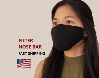 Black Face Mask, ULTRA COMFY, Filter Pocket, 2.5 Pm Filter Included, Soft Cotton, Washable, Reusable, Adjustable Ear Loop Unisex, USA