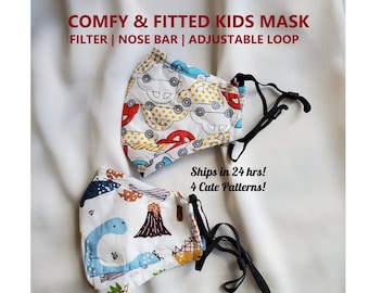COMFY KIDS Face Mask, 100% Cotton Mask, Filter Pocket, Nose Wire, Adjustable Mask, Washable Reusable Soft Breathable Boys Girls Toddler Mask