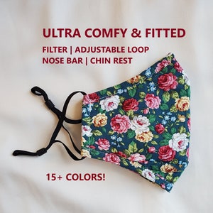 Floral Face Mask, ULTRA COMFY, Filter Pocket, 2.5 Pm Filter Included, Soft Cotton, Washable, Reusable, Adjustable Ear Loop Unisex, USA