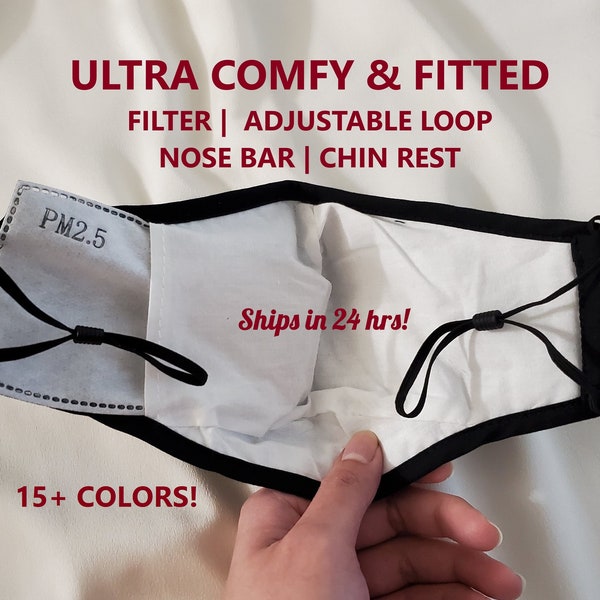 Adjustable Fitted Face Mask, ULTRA COMFY, Filter Pocket & Filter Included, Soft Cotton, Washable, Reusable, Adjustable Ear Loop Unisex, USA