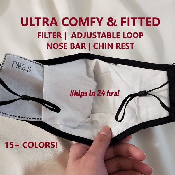 Maschera facciale regolabile, ULTRA COMFY, tasca con filtro e filtro inclusi, cotone morbido, lavabile, riutilizzabile, regolabile unisex per le orecchie, USA