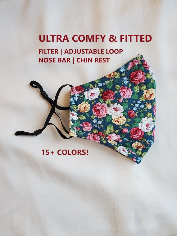 Floral Face Mask, ULTRA COMFY, Filter Pocket, 2.5 Pm Filter Included, Soft Cotton, Washable, Reusable, Adjustable Ear Loop Unisex, USA