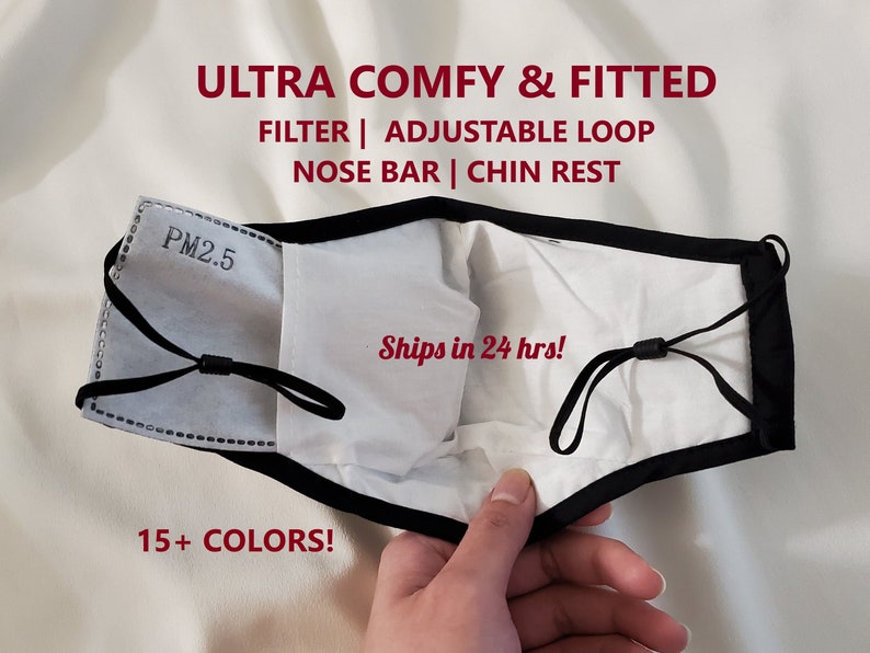 Adjustable Fitted Face Mask, ULTRA COMFY, Filter Pocket & Filter Included, Soft Cotton, Washable, Reusable, Adjustable Ear Loop Unisex, USA 