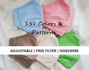Mais de 15 cores | Máscara facial de algodão respirável com arame nasal, bolso para filtro, presilhas para orelha ajustáveis e filtro grátis - 3 PLY - Envio rápido para os EUA!
