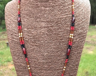 Red, black and bronze Ojo de Venado style beaded double strand necklace