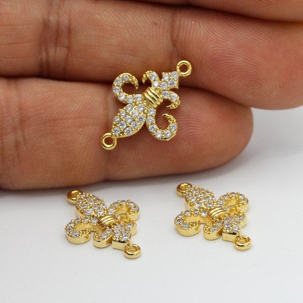 14x20mm  24 k Shiny Gold Plated CZ Micro Pave Fleur Pendant , CZ Pave Fleur Charms , Cubic Zirconia Fleur Bracelet Charms - CZ169