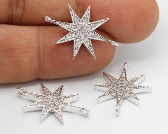 19x26mm Rhodium Plated CZ Micro Pave North Star Pendant , CZ Pave North Star Charms , Cubic Zirconia North Star Bracelet Charms - CZ451