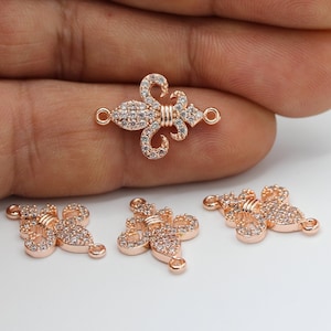 14x20mm Rose Gold Plated CZ Micro Pave Fleur Pendant , CZ Pave Fleur Charms , Cubic Zirconia Fleur Bracelet Charms - CZ95