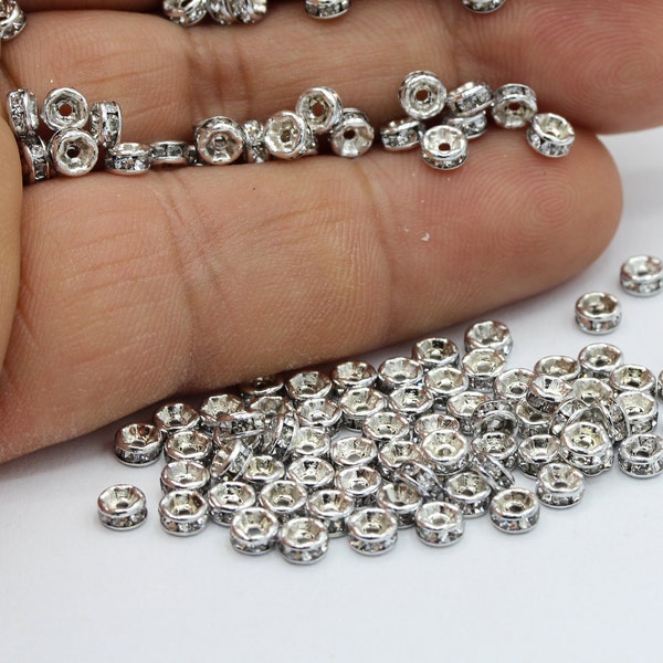 4mm Rhodium Plated  Crystal Spacer Beads ,Crystal Stone Pave Spacer Beads ,Crystal Stone Pave Rondelle Beads - RDM158