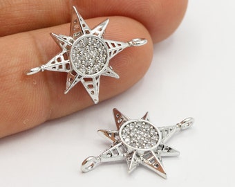 20x25mm Rhodium Plated CZ Micro Pave North Star Pendant , CZ Pave North Star Charms , Cubic Zirconia North Star Bracelet Charms - CZ423