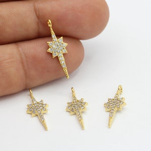 8x23mm 24 k Shiny Gold Plated CZ Micro Pave North Star Pendant  , Cubic Zirconia North Star Charms , Necklace and Earring Findings - CZ467