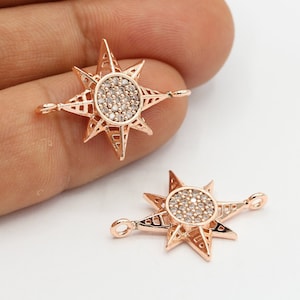20x25mm Rose Gold Plated CZ Micro Pave North Star Pendant , CZ Pave North Star Charms , Cubic Zirconia North Star Bracelet Charms - CZ422