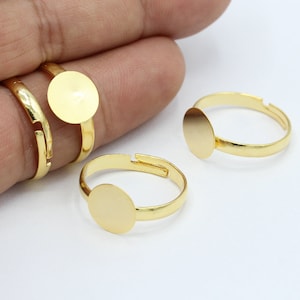 Inner Size 19mm 24 k Shiny Gold Plated Adjustable Ring Settings  , Bazel Rings, Ring Blanks Base with 10mm Pad  - GLD758