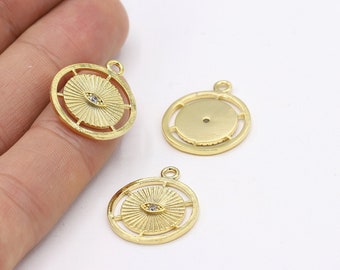 24 k Shiny Gold Plated CZ Micro Pave Eye Pendant , CZ Pave Eye Charms , Cubic Zirconia Sun Charms , Cz Sun Pendants , 22.5x18mm-GLD1683