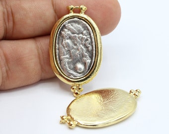 21 x 37 mm Plaqué or 24 carats et argent antique, pendentifs médaillon pièces de monnaie grecques, pièces de monnaie grecques antiques, médaillon bicolore - GLD575