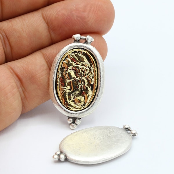 21x37mm 24 k Shiny Gold Plated And Antique Silver Plated Greek Coins Medallion Pendants , Antique Greek Coins, Two Color Medallion - GLD576