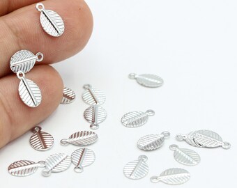 6x10mm Rhodium ( silver ) Plated Leaf Charms , Leaf Pendants , Silver Necklace Findings - RDM371