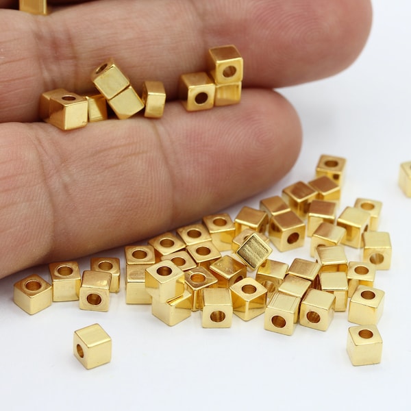 4mm 24 k Shiny Gold Plated Spacer Cube Beads , Brass Spacer Beads - GLD742