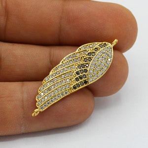 14x40mm 24 k Shiny Gold  Plated CZ Micro Pave Wings Bracelet Charms , CZ Pave Wings Charms , Cubic Zirconia Wings Bracelet Charms - CZ297