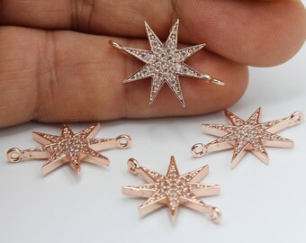 19x26mm Rose Gold Plated CZ Micro Pave North Star Pendant , CZ Pave North Star Charms , Cubic Zirconia North Star Bracelet Charms - CZ98