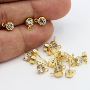 5x14mm 24 k Shiny Gold Plated Pave CZ Round Ear Post , CZ Earring Findings - CZ426