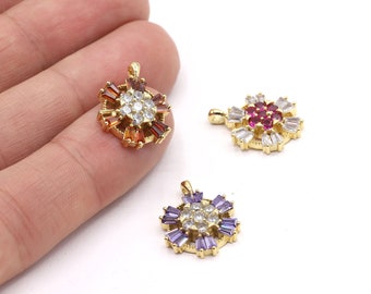 Shiny Gold Flower Pendant, Flower Charms, Cubic Zirconia Flower Charms, CZ Micro Pave Flower Pendant, 15x19mm 24k - GLD515