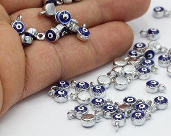 6x9mm Rhodium Plated Round Charms , Evil Eye Pendant - RDM24