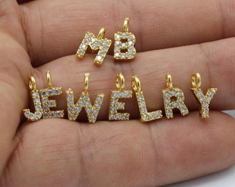 Shiny Gold Pave Initial Charms, Gold Letter Charms , CZ Initial Charm, Cubic Zirconia Letters 24k 5x11mm - GLD220