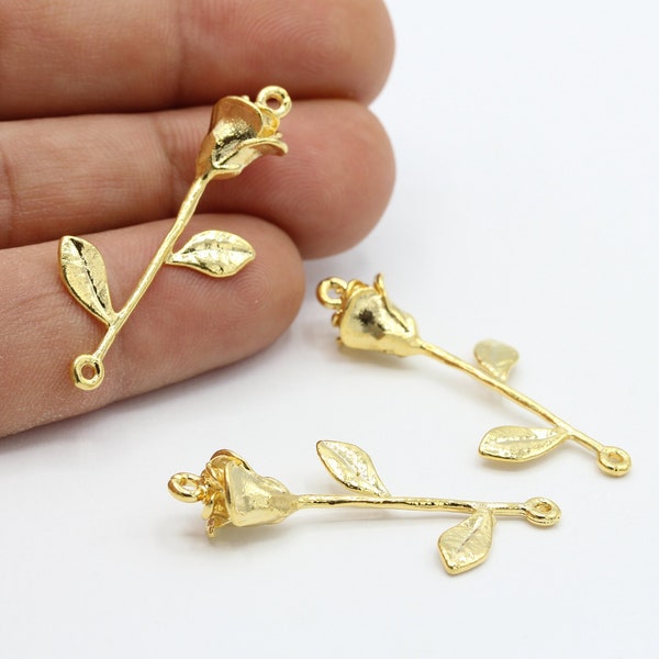 21x39mm 24 k Shiny Gold Plated Two Loops Rose Charms , Rose Connectors - GLD583
