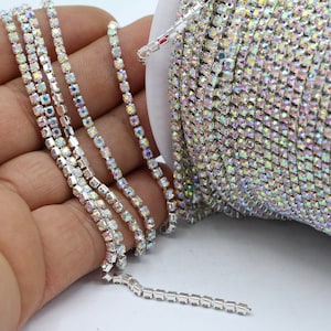 SS8.5 ( 2,5mm ) Silver Tone  Crystal AB , Crystal Rhinestone Banding Chain - High Quality Czech Stones - Radiant - CHN142