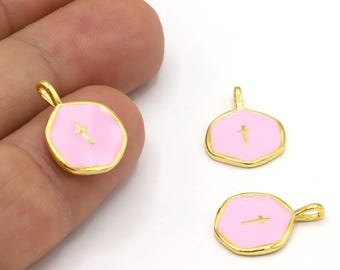 24K Gold Plated Cross Pendant, Pink Enamel Charm (13.5x18mm) -GLD1533