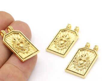 15 x 28 mm Breloques médaillon en plaqué or brillant 24 carats, Breloques coeur plaqué or, Breloques coeur, Pendentif coeur, Pendentif plaqué or - 2400 GLD