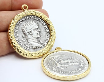 38mm 24 k Shiny Gold Plated And Antique Silver Plated Greek Coins Medallion Pendants , Antique Greek Coins, Two Color Medallion - GLD567