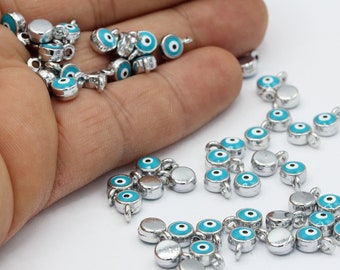 6x9mm Rhodium Plated Round Charms , Evil Eye Pendant - RDM25