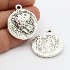 27x31mm Antique Silver Plated Greek Coins , Medallion Pendant  - TS608