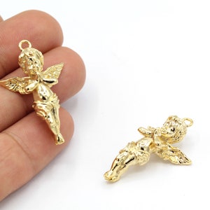 23X37mm 24 k Shiny Gold Plated Angel Pendant,Gold Plated Angel Chrams, Gold Plated Winged Angel Necklace,- GLD1475