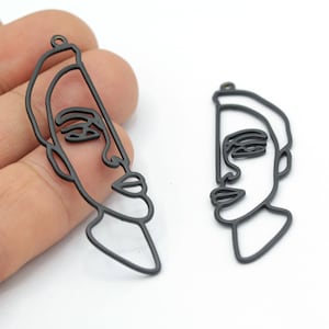 Black Plated Face Charms, Abstract Face Outline Pendants , Necklace Findings , Earring Findings, Black Face, 20x60mm -TS783