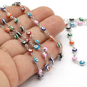 Rhodium Plated Linked  Evil Eye Chains , Foot Chains , Rosary Chain , Channel Set Chains ,  Necklace Findings - CHN310