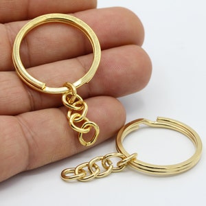 30mm 24 k Shiny Gold Plated Key Chain Rings with Attached Chain Split Key Chain Rings GLD448