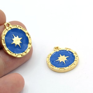 21x25mm 24 k Shiny Gold Plated Round blue enamle Necklace , north star pendant  - GLD1245