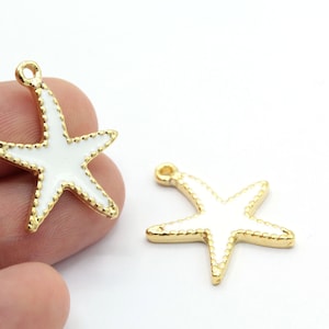 21x26mm 24 k Shiny Gold Plated White Enamel Star Charms , Starfish Pendants , Necklace Findings - GLD888-1