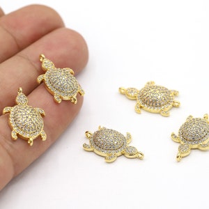 16x23mm 24 K Shiny Gold Plated CZ Micro Pave Turtle Bracelet, CZ Pave Turtle Charms , Cubic Zirconia Turtle Pendant Charms - CZ500