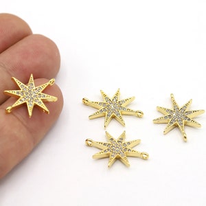 18,5x22,5mm 24 K Shiny Gold Plated CZ Micro Pave North Star Bracelet, Cubic Zirconia North Star Charms, Bracelet Findings - CZ504