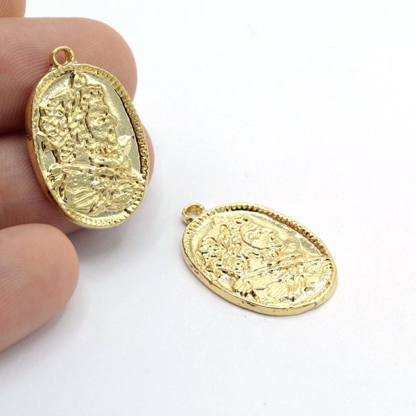 17x25mm 24 k Shiny Gold Plated Greek Coins, Medallion Pendant, Medallion Necklace, - GLD108