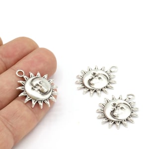 24x28mm Antique Silver Plated Moon and Sun Face Pendant, Sun Necklace, Moon Necklace, Sun Pendants, Antique Silver Pendant - TS236