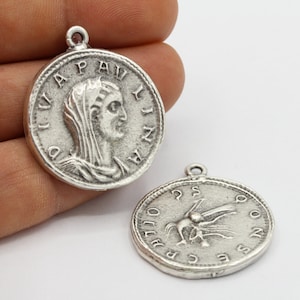 31x35mm Antique Silver Plated Greek Coins , Medallion Pendant  - TS350