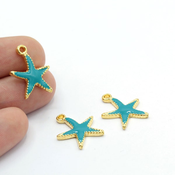 15x20mm 24 k Shiny Gold Plated turquoise Enamel Star Charms , Starfish Pendants , Necklace Findings - GLD1248